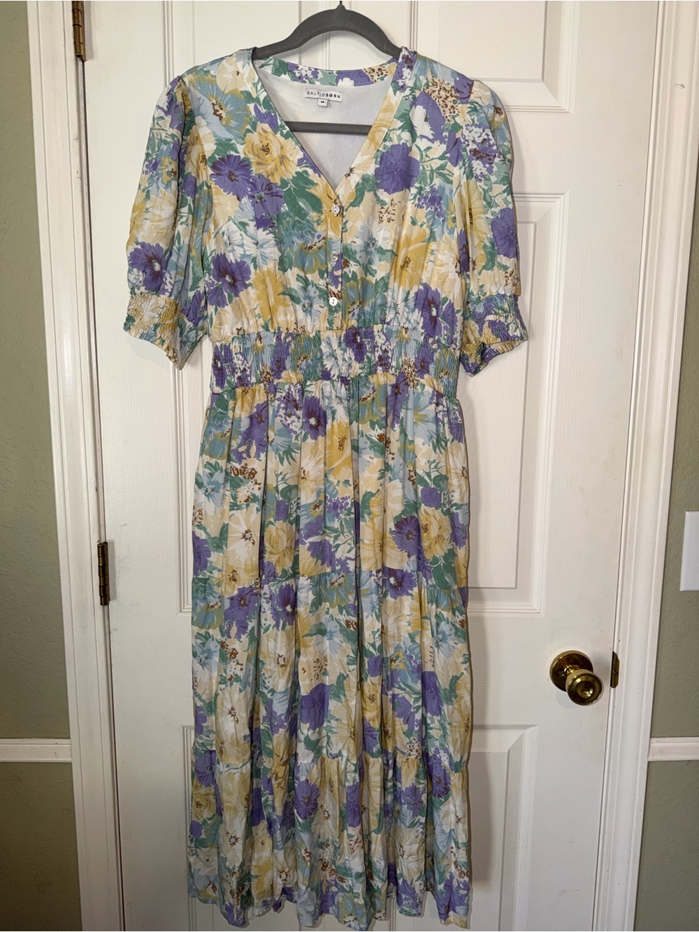 Baltic Born Midi Dress with Yellow, Purple & Green Floral‎ Print -Tiered Ruffles